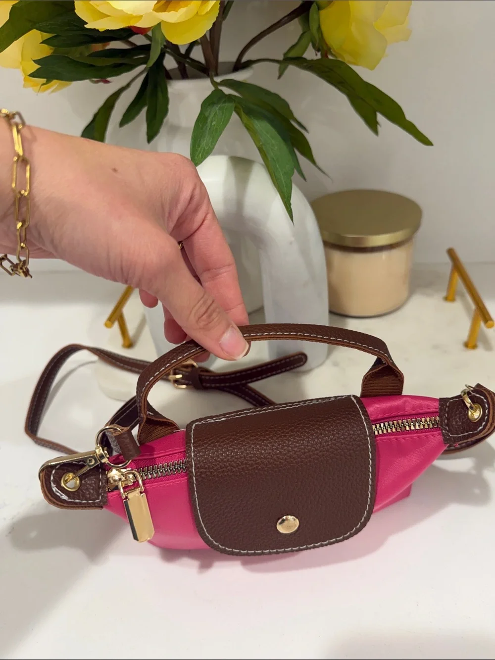 Pink Nylon Mini Bag with Brown Trim